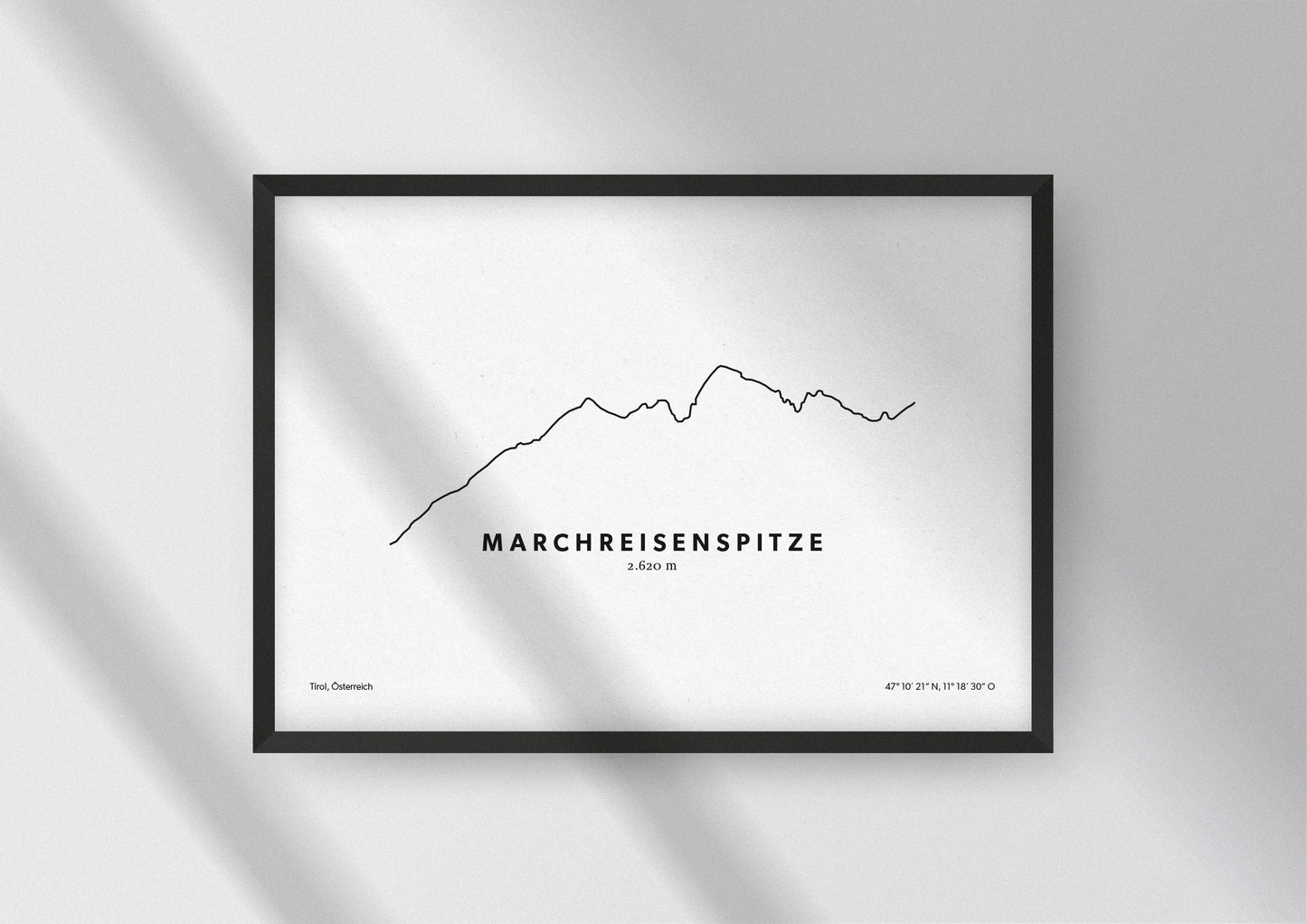 Minimalistische Illustration der Marchreisenspitze in Tirol, als stilvoller Einrichtungsgegenstand für Zuhause.