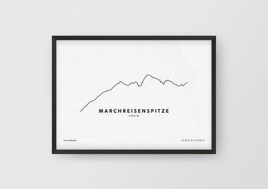Minimalistische Illustration der Marchreisenspitze in Tirol, als stilvoller Einrichtungsgegenstand für Zuhause.