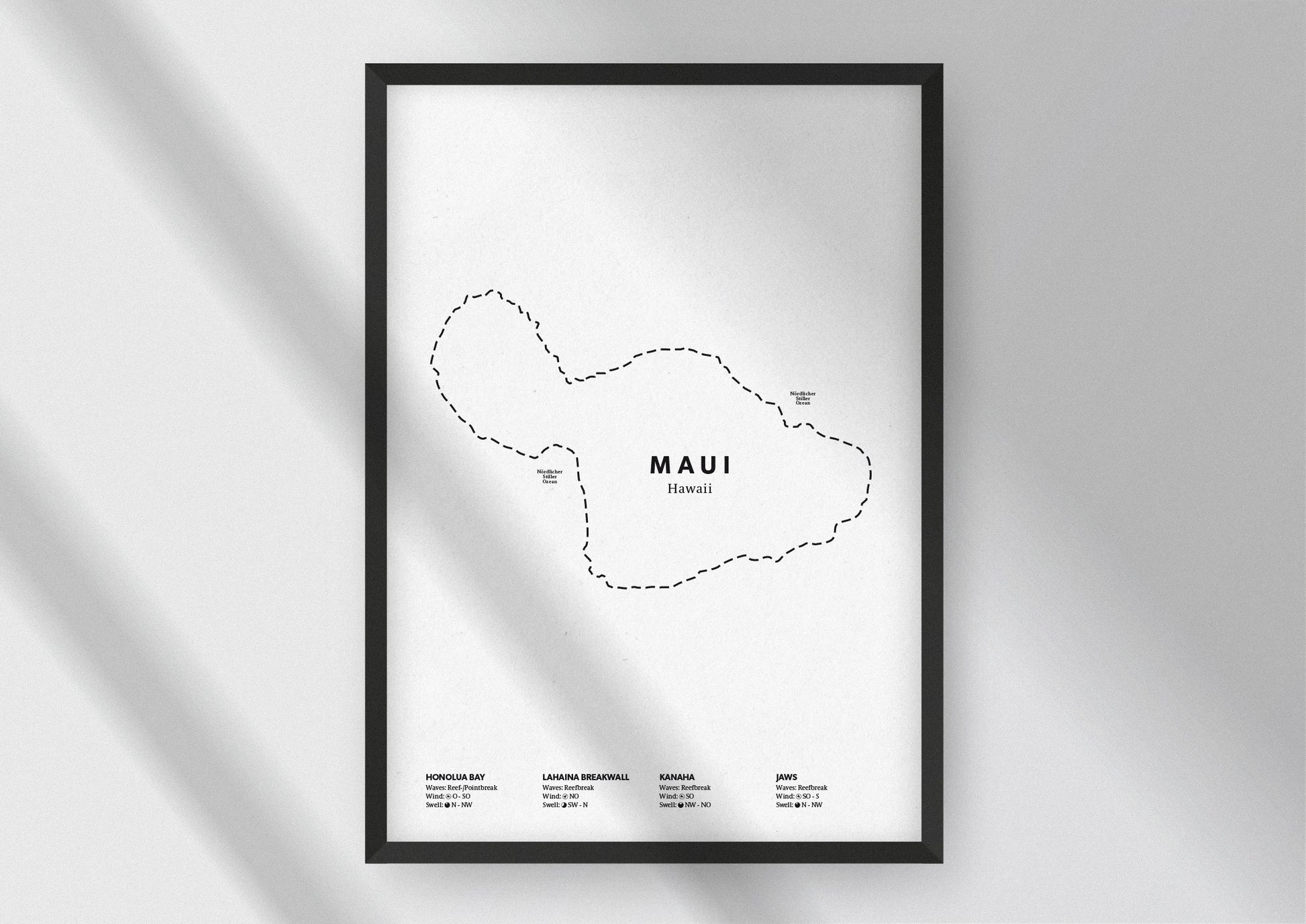 Minimalistische Illustration der Karte von Maui, mit Markierung der Küste sowie vier Surfhotspots der Region, als stilvoller Einrichtungsgegenstand für Zuhause.