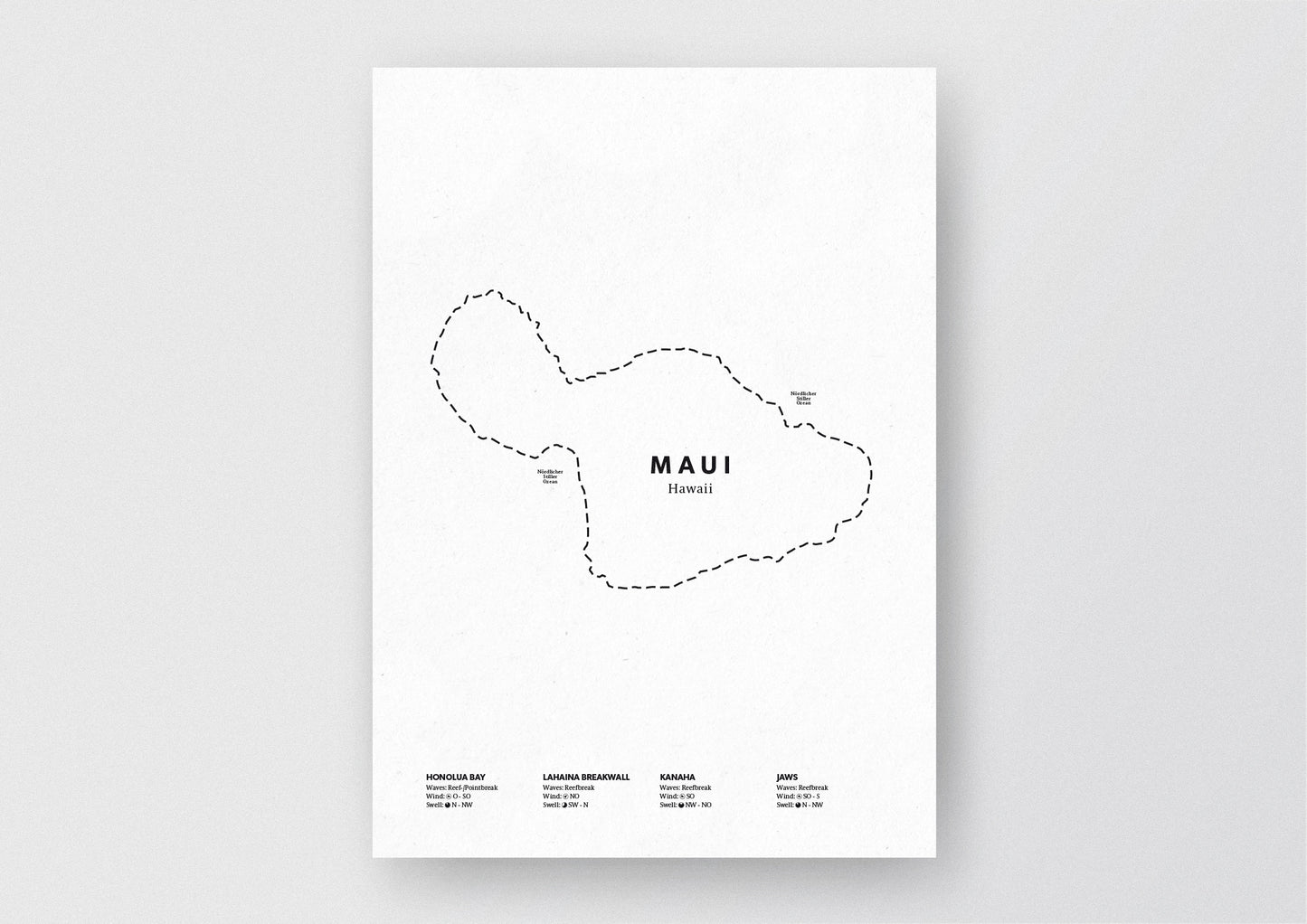 Minimalistische Illustration der Karte von Maui, mit Markierung der Küste sowie vier Surfhotspots der Region, als stilvoller Einrichtungsgegenstand für Zuhause.