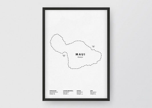 Minimalistische Illustration der Karte von Maui, mit Markierung der Küste sowie vier Surfhotspots der Region, als stilvoller Einrichtungsgegenstand für Zuhause.