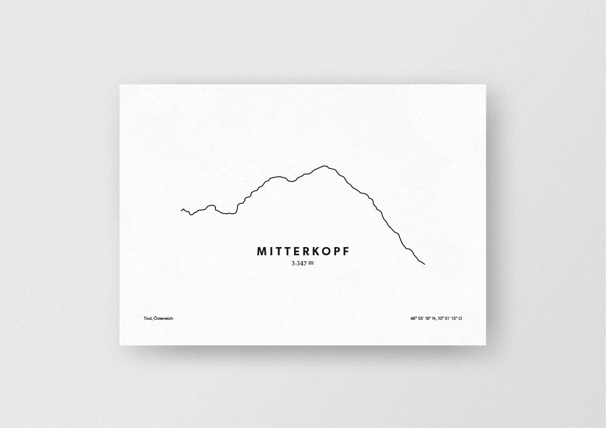 Minimalistische Illustration des Mitterkopf, in den Ötztaler Alpen in Tirol, als stilvoller Einrichtungsgegenstand für Zuhause.