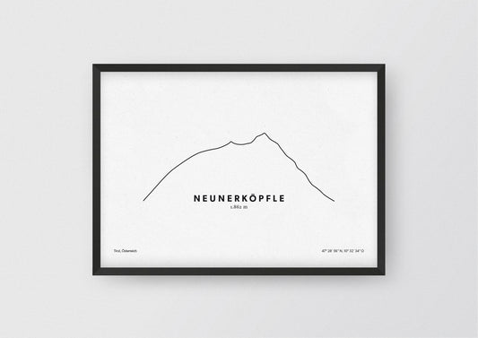 Minimalistische Illustration des Neunerkoepfle im Tannheimer Tal, als stilvoller Einrichtungsgegenstand für Zuhause.