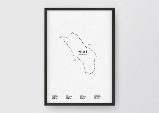 Minimalistische Illustration der Karte von Nias in Indonesien, mit Markierung der Küste sowie vier Surfhotspots der Region, als stilvoller Einrichtungsgegenstand für Zuhause.