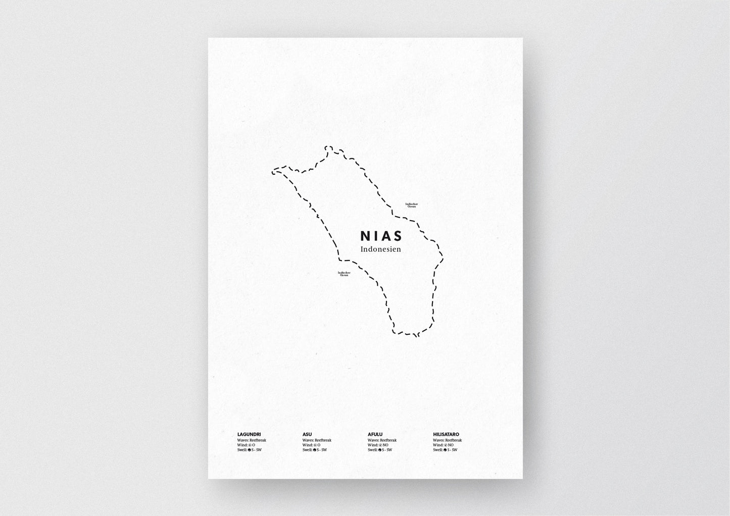 Minimalistische Illustration der Karte von Nias in Indonesien, mit Markierung der Küste sowie vier Surfhotspots der Region, als stilvoller Einrichtungsgegenstand für Zuhause.