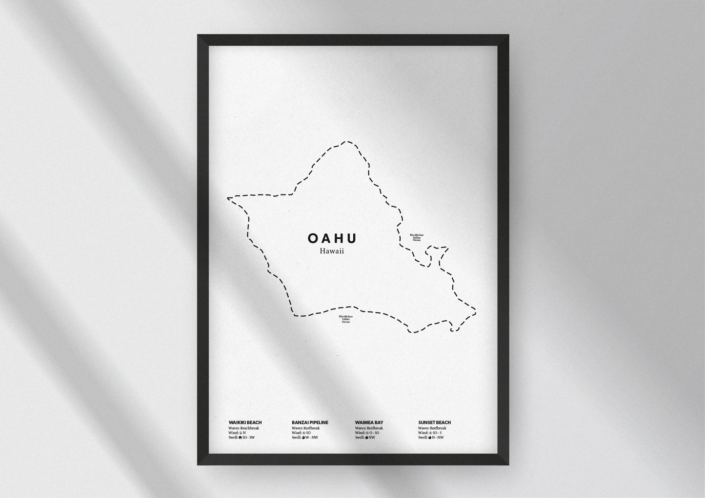 Minimalistische Illustration der Karte von Oahu auf Hawaii, mit Markierung der Küste sowie vier Surfhotspots der Region, als stilvoller Einrichtungsgegenstand für Zuhause.