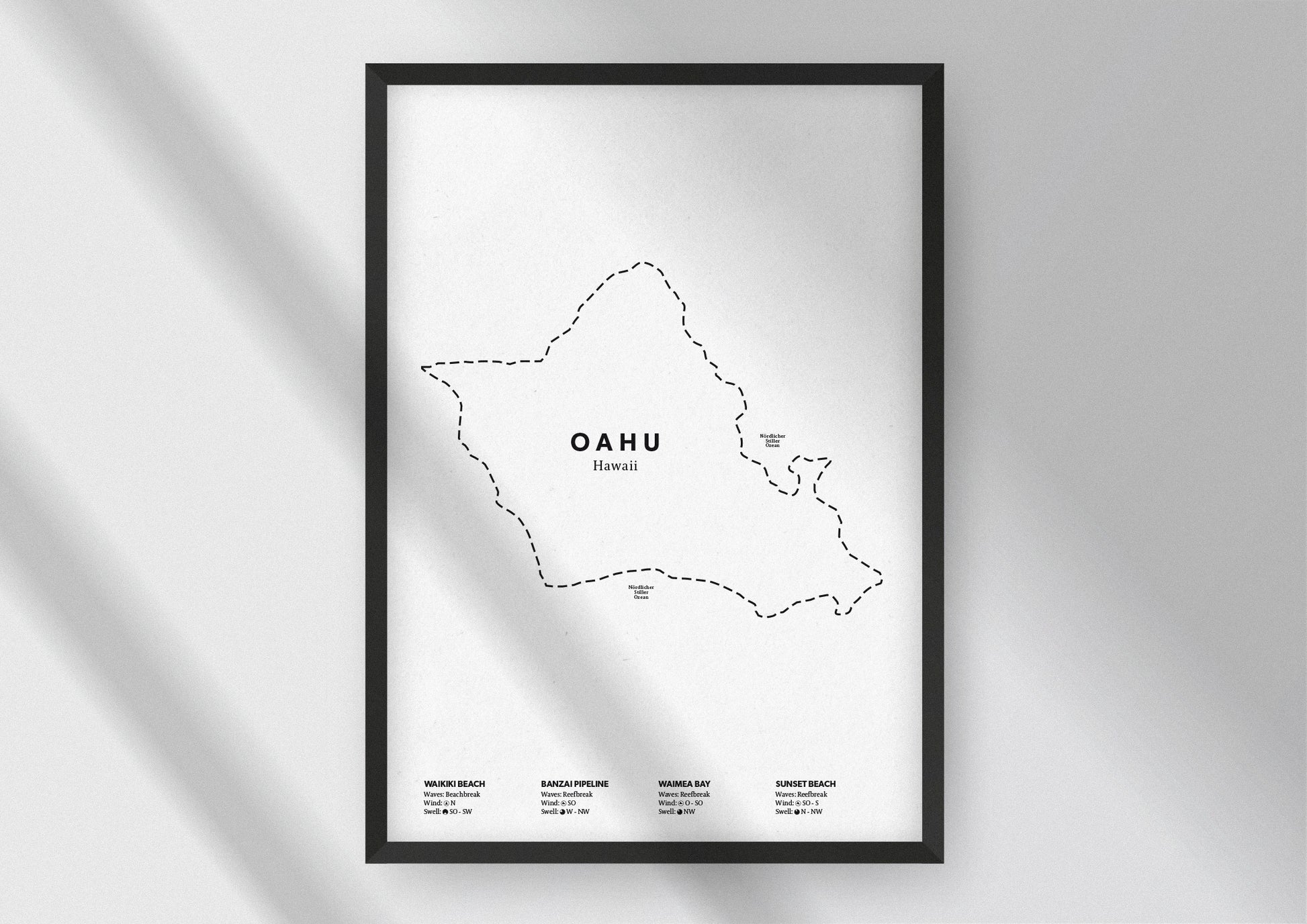 Minimalistische Illustration der Karte von Oahu auf Hawaii, mit Markierung der Küste sowie vier Surfhotspots der Region, als stilvoller Einrichtungsgegenstand für Zuhause.