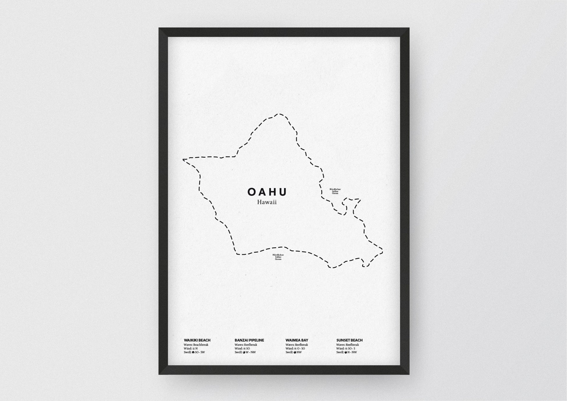 Minimalistische Illustration der Karte von Oahu auf Hawaii, mit Markierung der Küste sowie vier Surfhotspots der Region, als stilvoller Einrichtungsgegenstand für Zuhause.