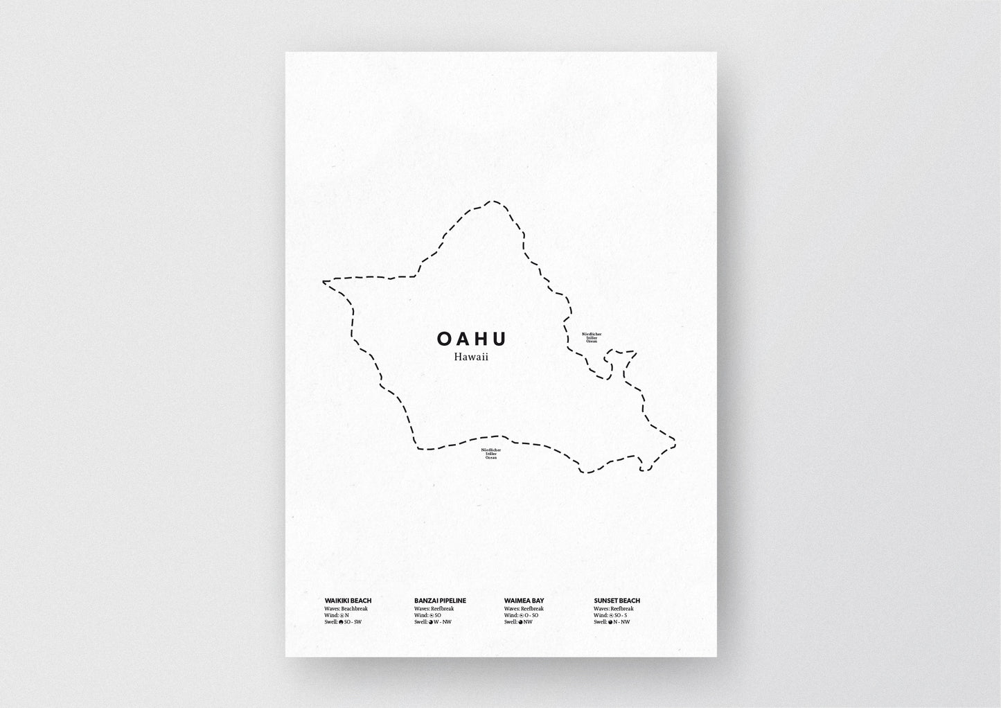 Minimalistische Illustration der Karte von Oahu auf Hawaii, mit Markierung der Küste sowie vier Surfhotspots der Region, als stilvoller Einrichtungsgegenstand für Zuhause.