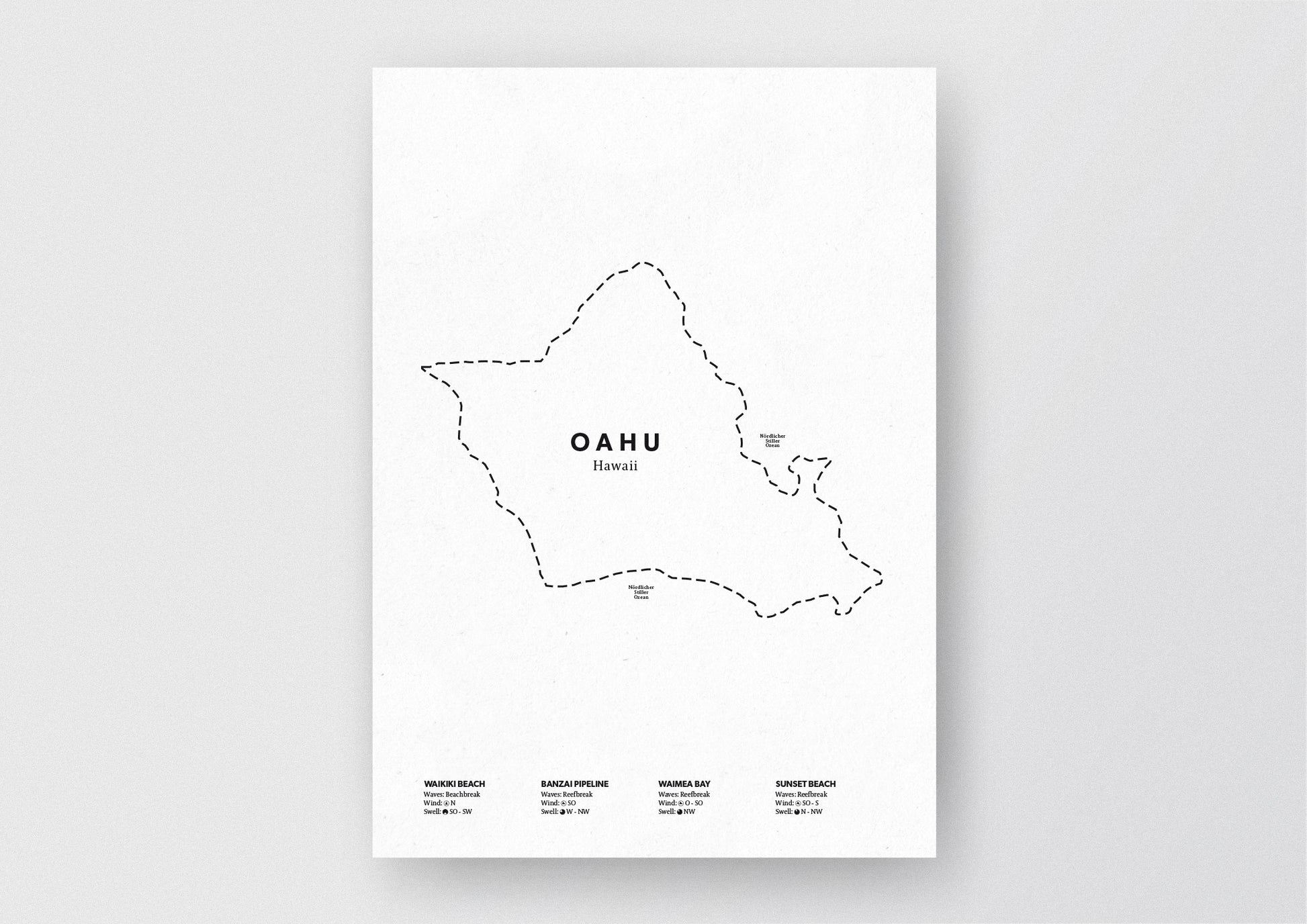 Minimalistische Illustration der Karte von Oahu auf Hawaii, mit Markierung der Küste sowie vier Surfhotspots der Region, als stilvoller Einrichtungsgegenstand für Zuhause.