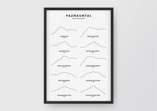 Minimalistische Illustration des Paznauntals in Tirol, als stilvoller Einrichtungsgegenstand für Zuhause.