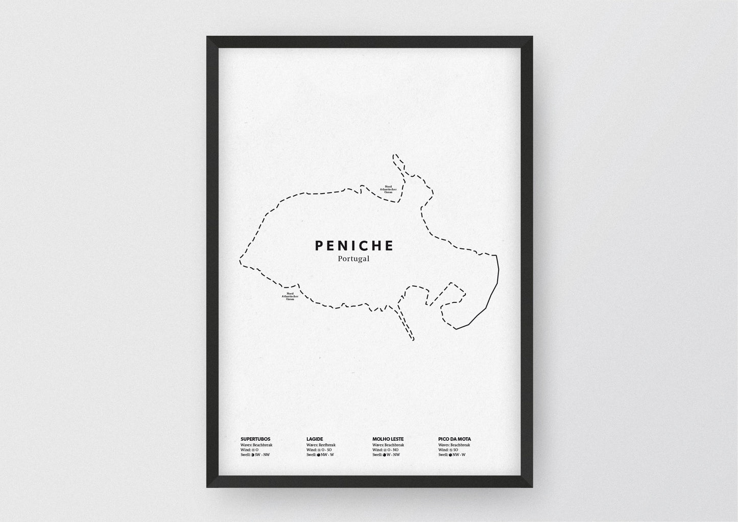 Minimalistische Illustration der Karte von Peniche in Portugal, mit Markierung der Küste sowie vier Surfhotspots der Region, als stilvoller Einrichtungsgegenstand für Zuhause.