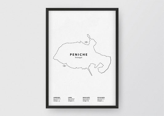 Minimalistische Illustration der Karte von Peniche in Portugal, mit Markierung der Küste sowie vier Surfhotspots der Region, als stilvoller Einrichtungsgegenstand für Zuhause.