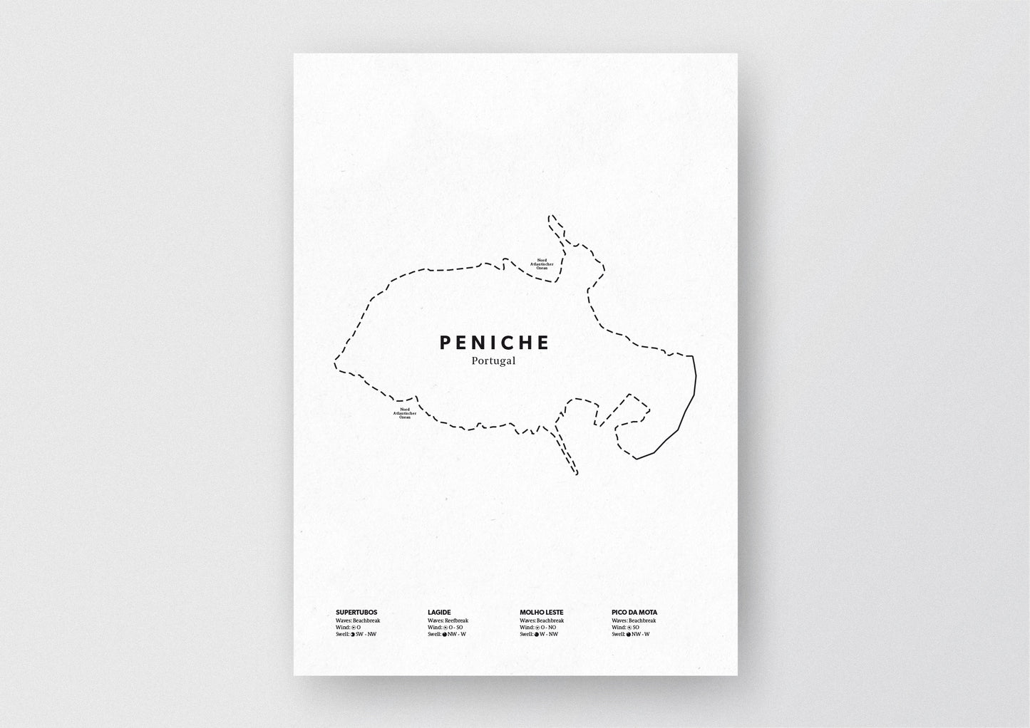 Minimalistische Illustration der Karte von Peniche in Portugal, mit Markierung der Küste sowie vier Surfhotspots der Region, als stilvoller Einrichtungsgegenstand für Zuhause.