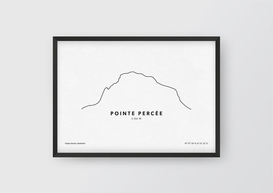 Minimalistische Illustration des Pointe Percée, dem höchsten Berg im Aravis-Gebirge der französischen Voralpen in Haute-Savoie, als stilvoller Einrichtungsgegenstand für Zuhause.