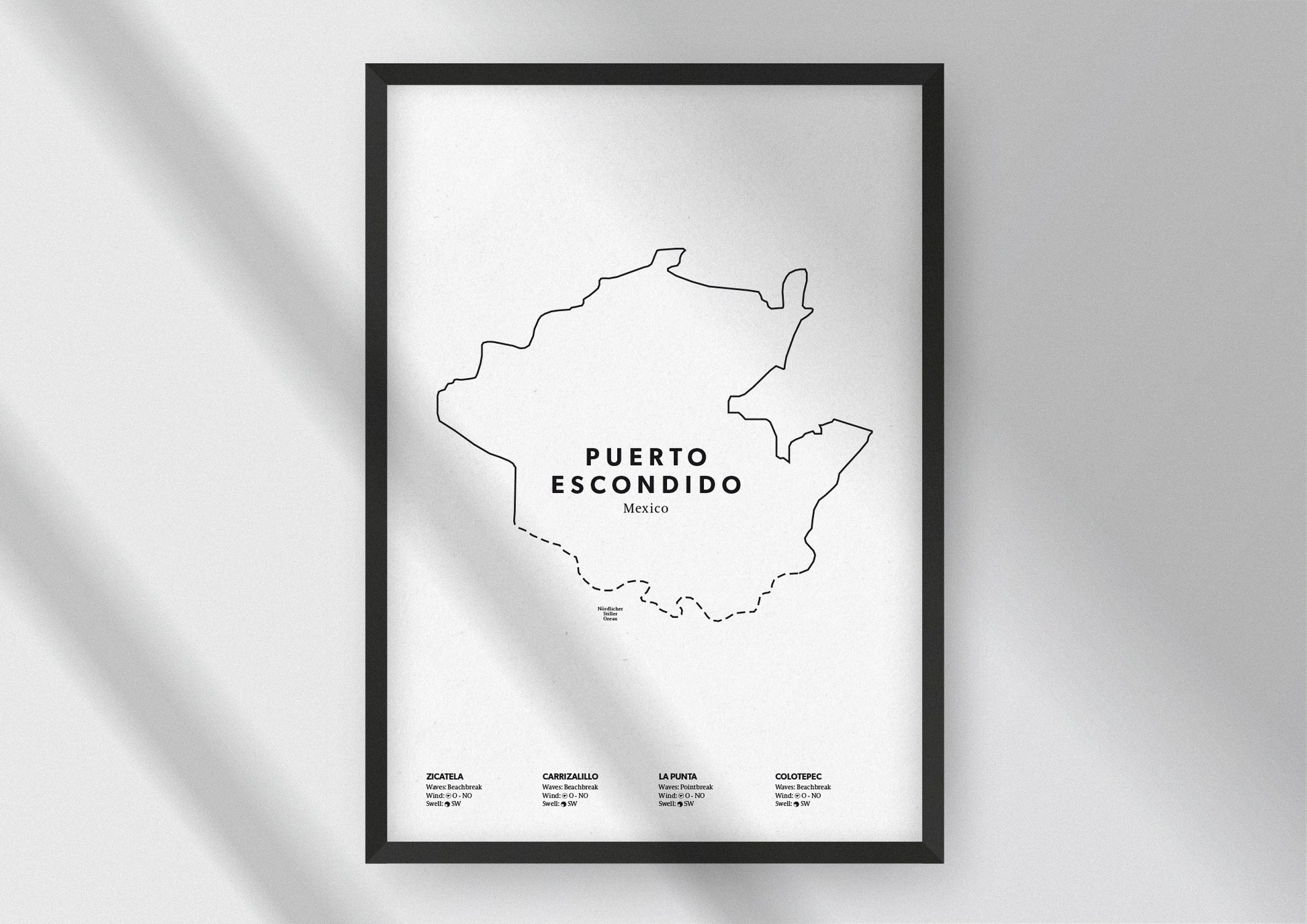 Minimalistische Illustration der Karte von Puerto Escondido in Mexico, mit Markierung der Küste sowie vier Surfhotspots der Region, als stilvoller Einrichtungsgegenstand für Zuhause.