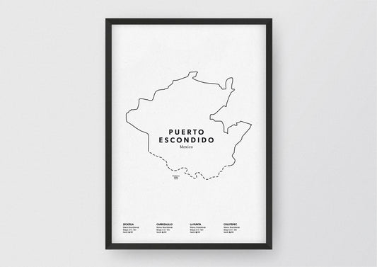 Minimalistische Illustration der Karte von Puerto Escondido in Mexico, mit Markierung der Küste sowie vier Surfhotspots der Region, als stilvoller Einrichtungsgegenstand für Zuhause.