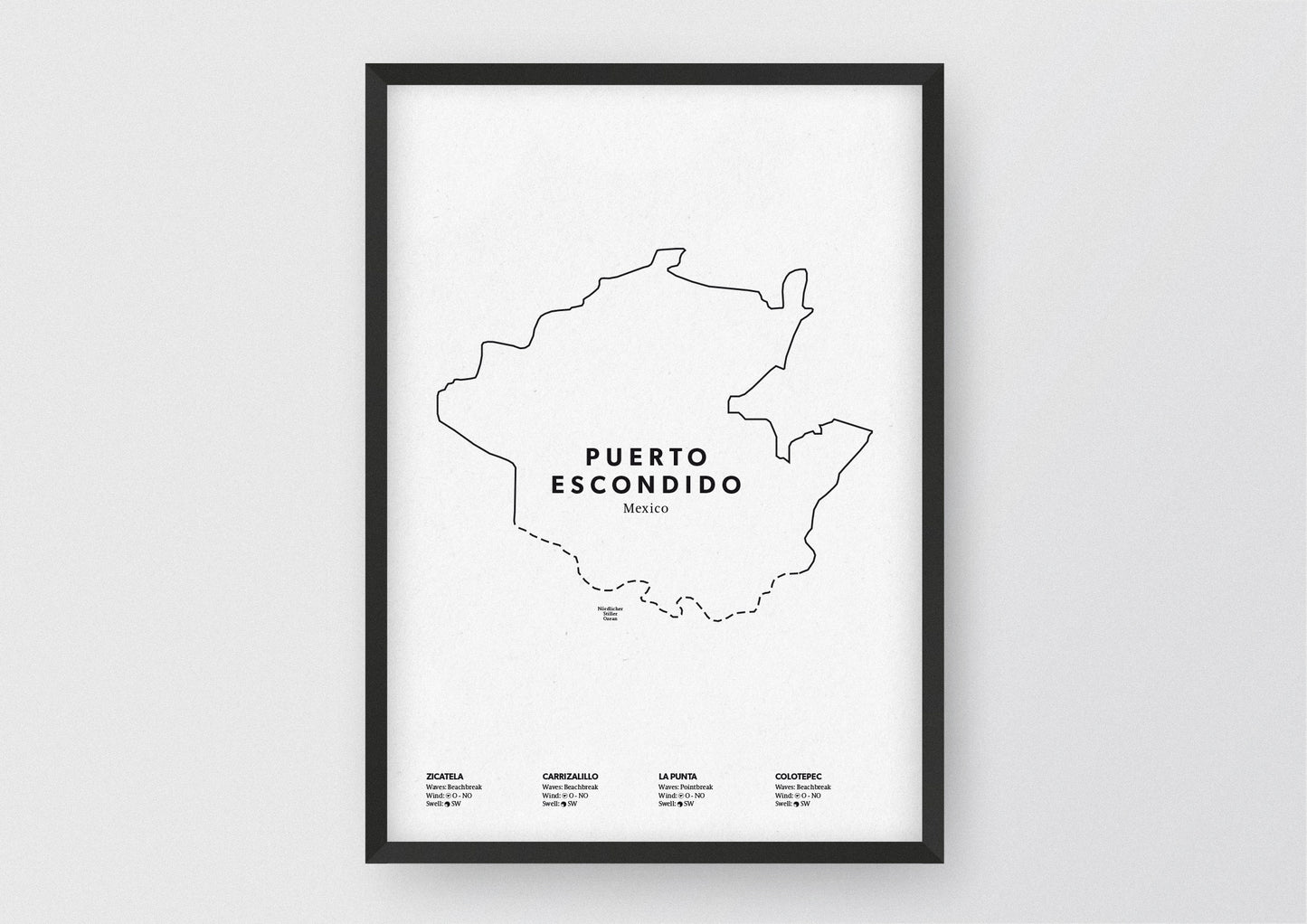 Minimalistische Illustration der Karte von Puerto Escondido in Mexico, mit Markierung der Küste sowie vier Surfhotspots der Region, als stilvoller Einrichtungsgegenstand für Zuhause.