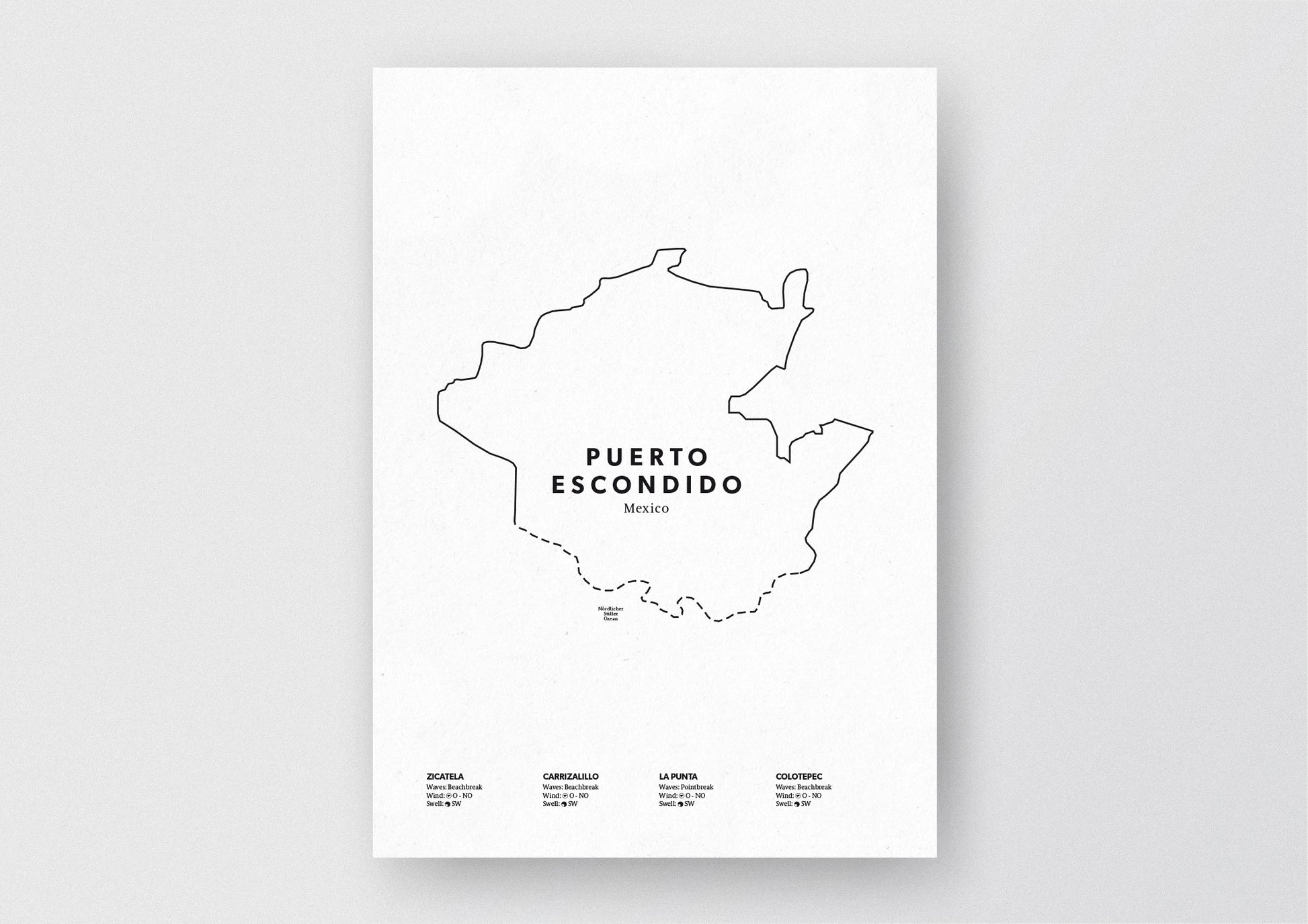 Minimalistische Illustration der Karte von Puerto Escondido in Mexico, mit Markierung der Küste sowie vier Surfhotspots der Region, als stilvoller Einrichtungsgegenstand für Zuhause.