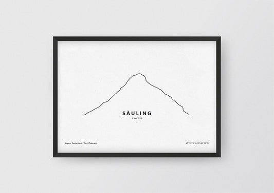 Minimalistische Illustration des Säuling an der deutsch-österreichischen Grenze in den Ammergauer Alpen, als stilvoller Einrichtungsgegenstand für Zuhause.