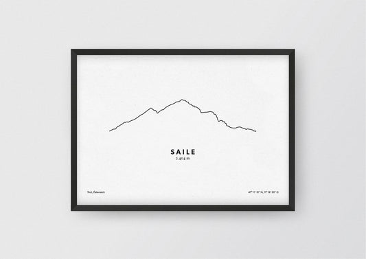 Minimalistische Illustration der Saile, insbesondere im Inntal auch Nockspitze genannt, die den nordöstlichen Abschluss der Kalkkögel und zugleich der gesamten Stubaier Alpen bildet, als stilvoller Einrichtungsgegenstand für Zuhause.
