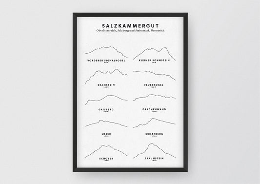 Minimalistische Illustration des Salzkammergut, als stilvoller Einrichtungsgegenstand für Zuhause.