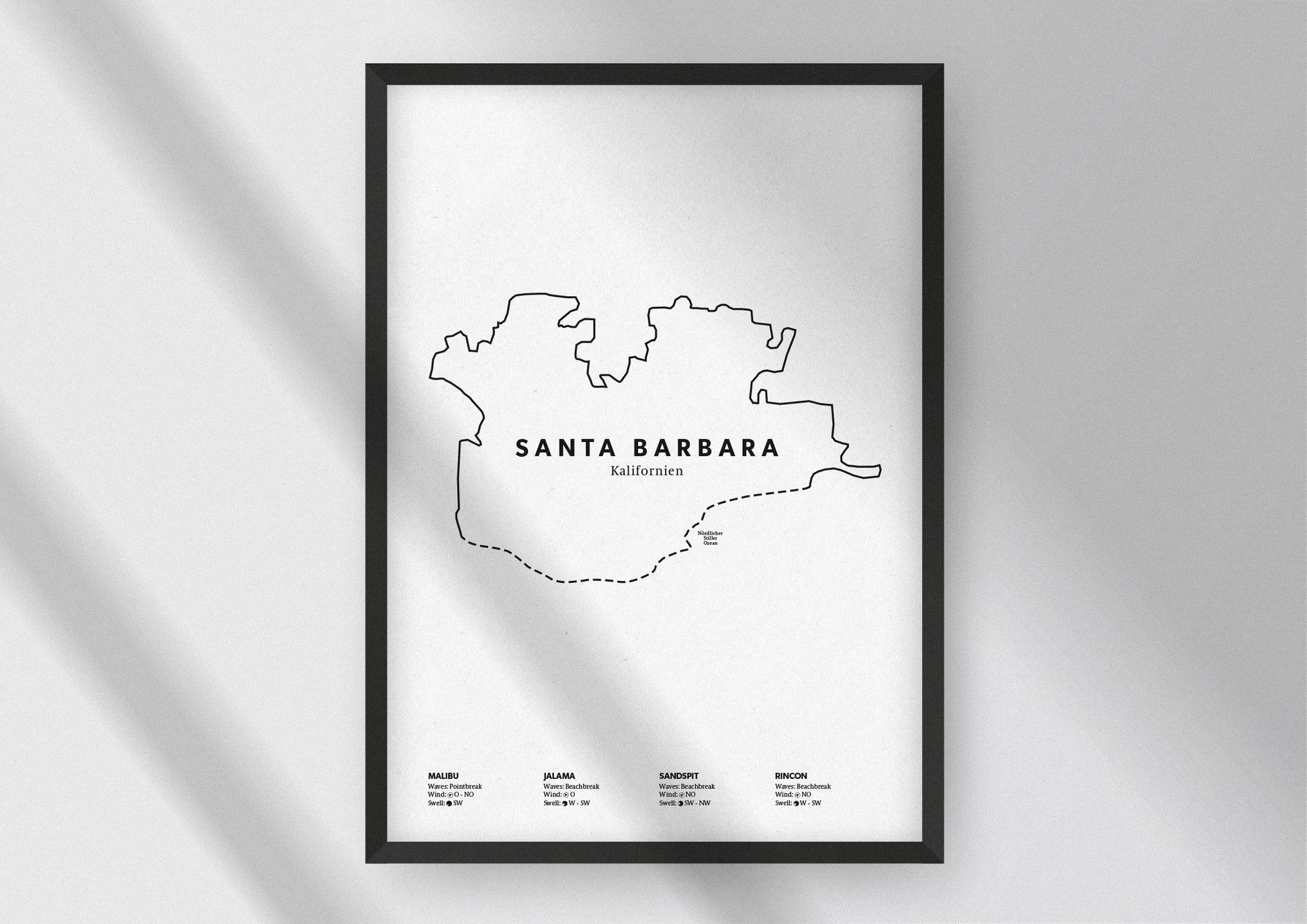 Minimalistische Illustration der Karte von Santa Barbara in Kalifornien, mit Markierung der Küste sowie vier Surfhotspots der Region, als stilvoller Einrichtungsgegenstand für Zuhause.