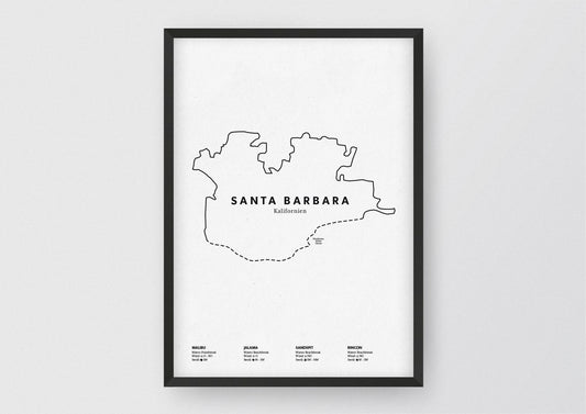 Minimalistische Illustration der Karte von Santa Barbara in Kalifornien, mit Markierung der Küste sowie vier Surfhotspots der Region, als stilvoller Einrichtungsgegenstand für Zuhause.