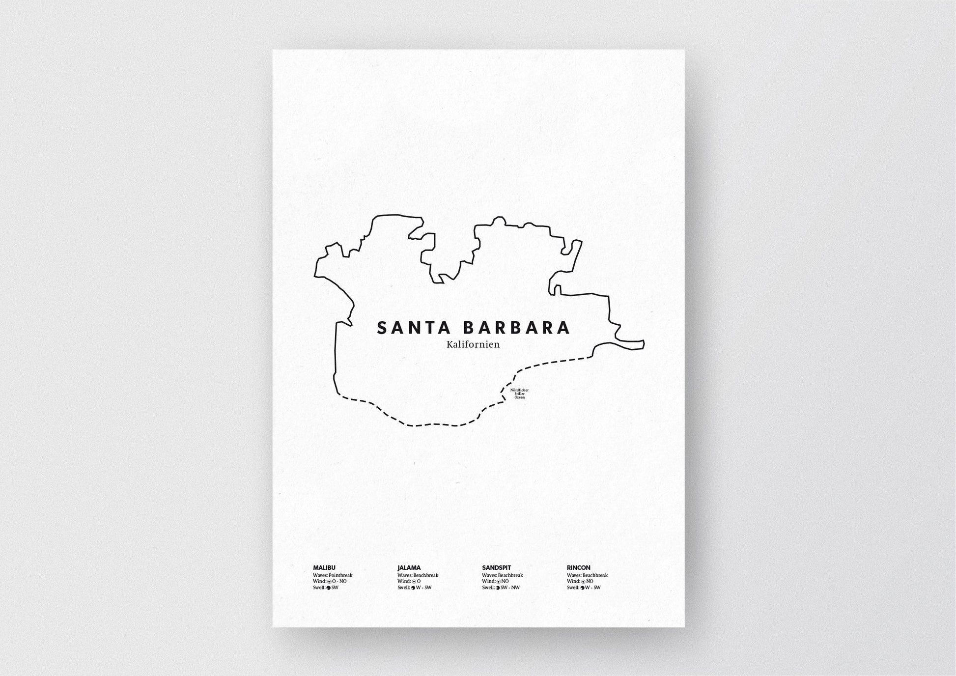 Minimalistische Illustration der Karte von Santa Barbara in Kalifornien, mit Markierung der Küste sowie vier Surfhotspots der Region, als stilvoller Einrichtungsgegenstand für Zuhause.