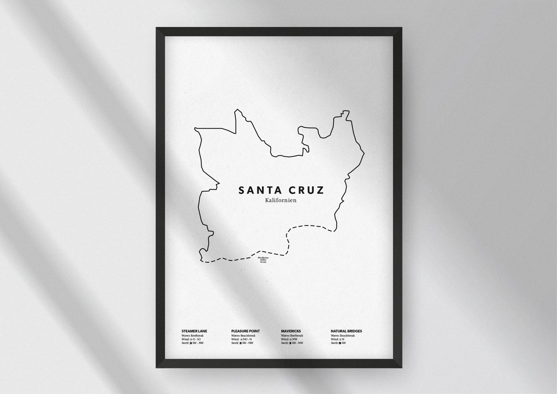 Minimalistische Illustration der Karte von Santa Cruz in Kalifornien, mit Markierung der Küste sowie vier Surfhotspots der Region, als stilvoller Einrichtungsgegenstand für Zuhause.