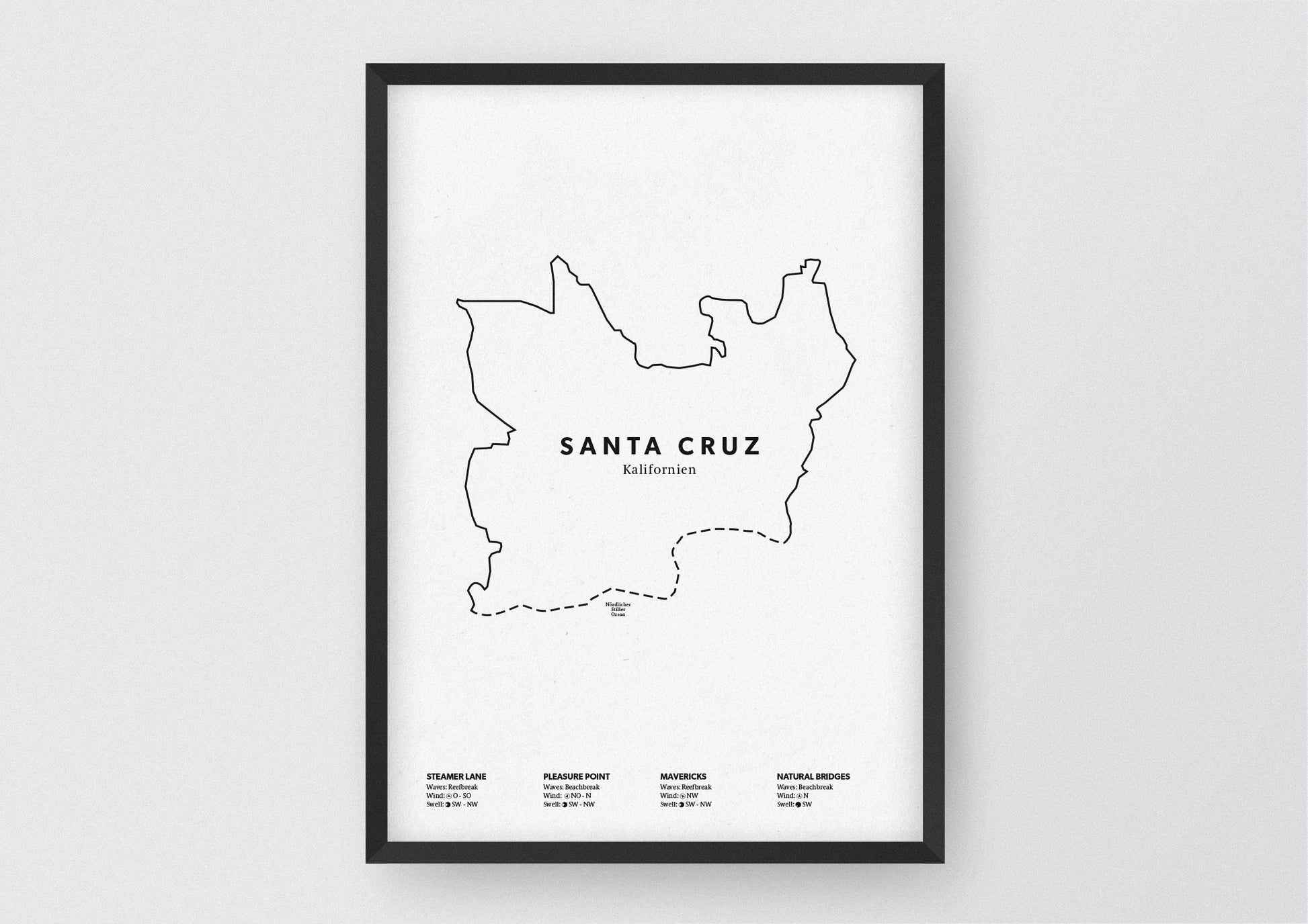 Minimalistische Illustration der Karte von Santa Cruz in Kalifornien, mit Markierung der Küste sowie vier Surfhotspots der Region, als stilvoller Einrichtungsgegenstand für Zuhause.