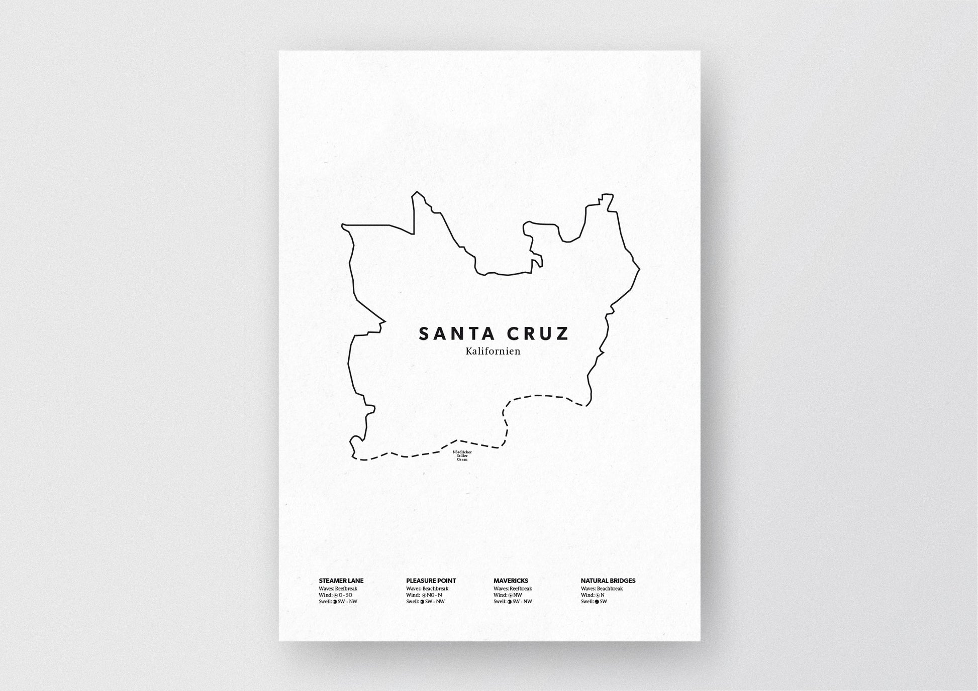 Minimalistische Illustration der Karte von Santa Cruz in Kalifornien, mit Markierung der Küste sowie vier Surfhotspots der Region, als stilvoller Einrichtungsgegenstand für Zuhause.