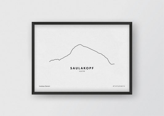 Minimalistische Illustration des Saulakopf in Vorarlberg, als stilvoller Einrichtungsgegenstand für Zuhause.