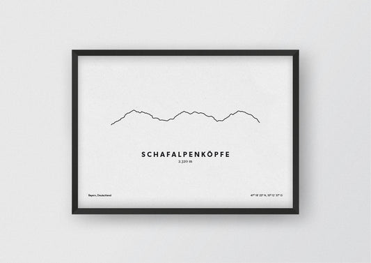 Minimalistische Illustration der Schafalpenköpfe in den Allgäuer Alpen, als stilvoller Einrichtungsgegenstand für Zuhause.