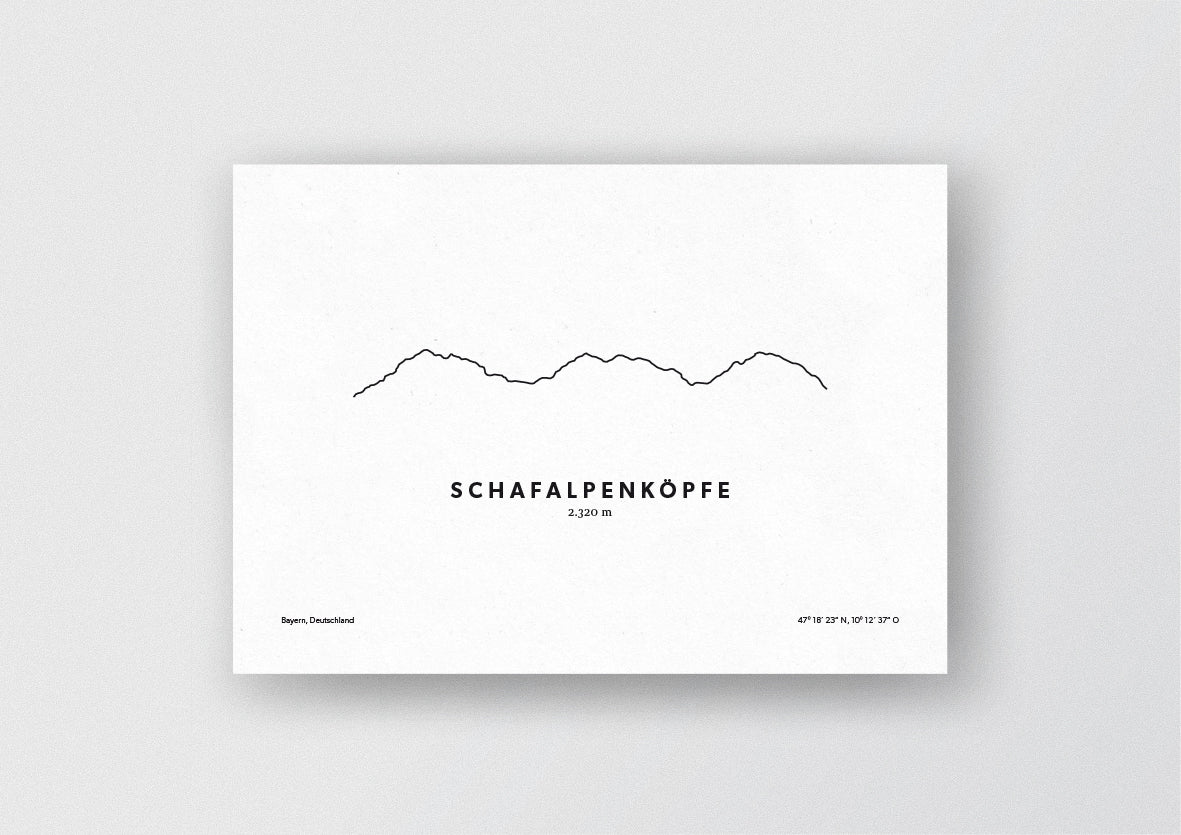 Minimalistische Illustration der Schafalpenköpfe in den Allgäuer Alpen, als stilvoller Einrichtungsgegenstand für Zuhause.