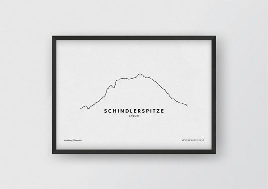 Minimalistische Illustration der Schindlerspitze in Vorarlberg, als stilvoller Einrichtungsgegenstand für Zuhause.
