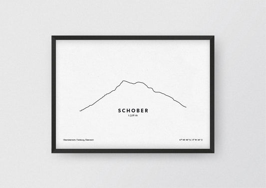 Minimalistische Illustration des Schober in den Salzkammergut-Bergen, an der Grenze von Oberösterreich und Salzburg, als stilvoller Einrichtungsgegenstand für Zuhause.