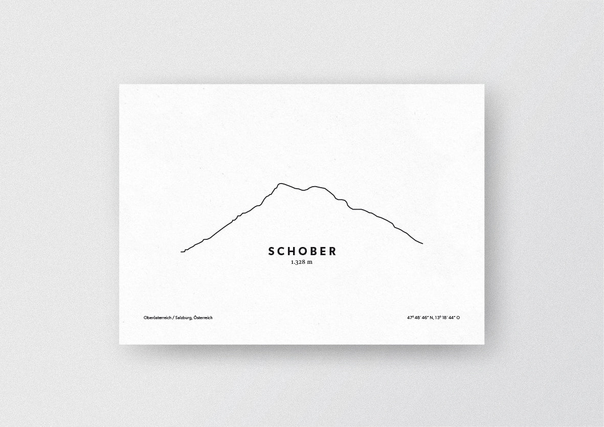 Minimalistische Illustration des Schober in den Salzkammergut-Bergen, an der Grenze von Oberösterreich und Salzburg, als stilvoller Einrichtungsgegenstand für Zuhause.