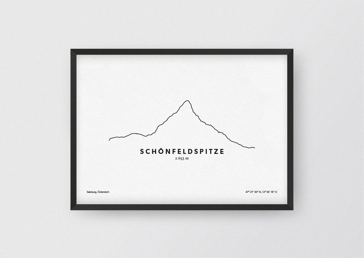 Minimalistische Illustration der Schönfeldspitze, dem zweithöchsten Berg des Steinernen Meeres in den Berchtesgadener Alpen, als stilvoller Einrichtungsgegenstand für Zuhause.