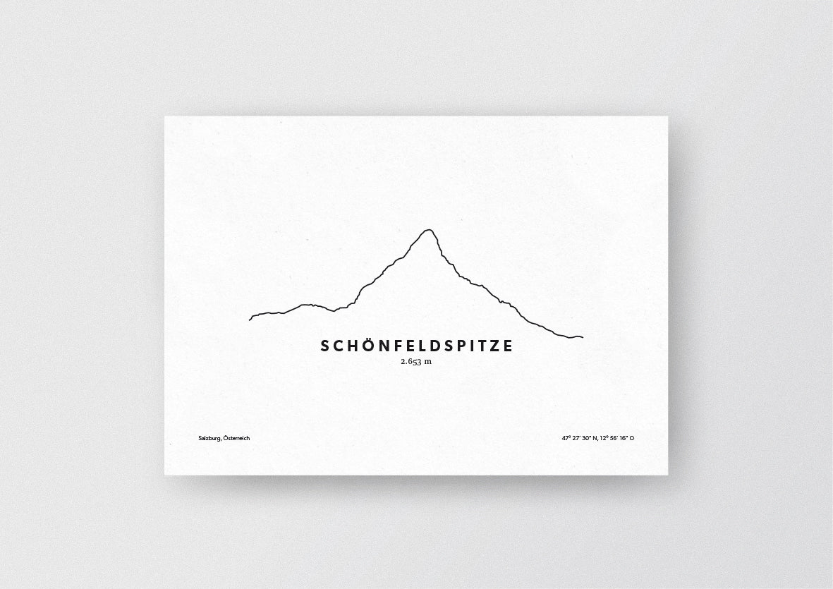 Minimalistische Illustration der Schönfeldspitze, dem zweithöchsten Berg des Steinernen Meeres in den Berchtesgadener Alpen, als stilvoller Einrichtungsgegenstand für Zuhause.