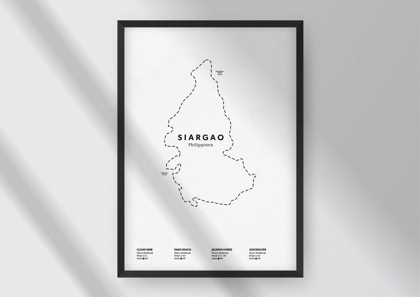 Minimalistische Illustration der Karte von Siargao auf den Philippinen, mit Markierung der Küste sowie vier Surfhotspots der Region, als stilvoller Einrichtungsgegenstand für Zuhause.