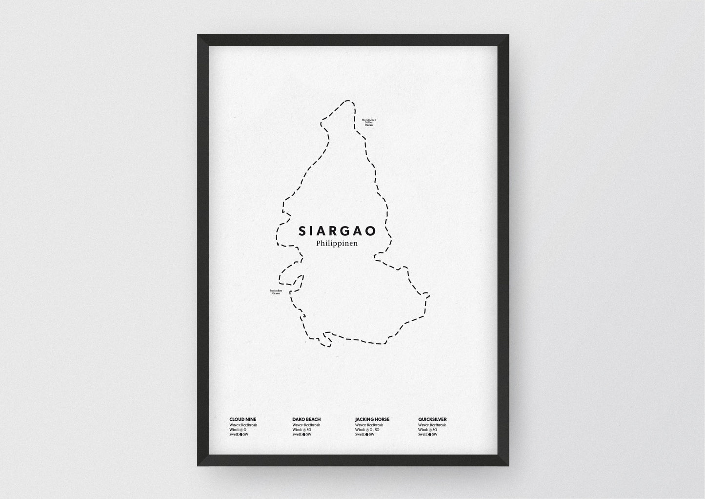 Minimalistische Illustration der Karte von Siargao auf den Philippinen, mit Markierung der Küste sowie vier Surfhotspots der Region, als stilvoller Einrichtungsgegenstand für Zuhause.