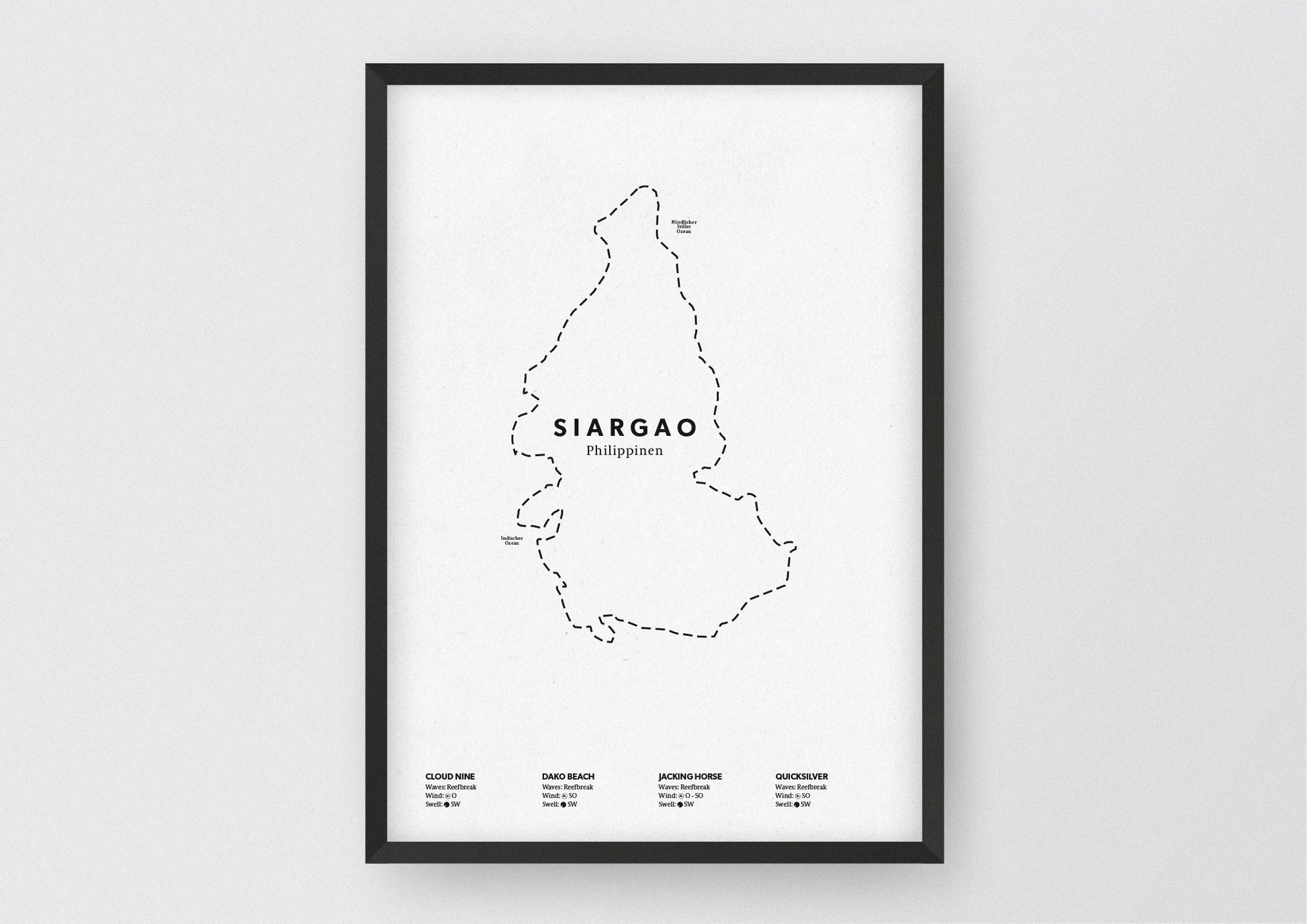 Minimalistische Illustration der Karte von Siargao auf den Philippinen, mit Markierung der Küste sowie vier Surfhotspots der Region, als stilvoller Einrichtungsgegenstand für Zuhause.