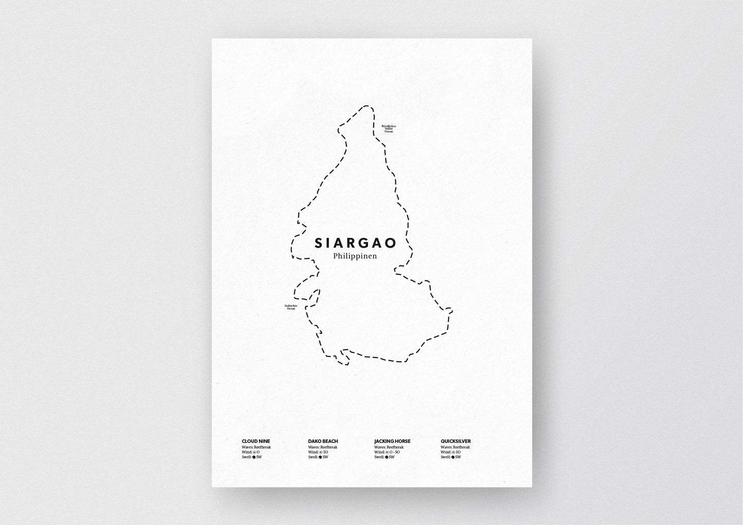 Minimalistische Illustration der Karte von Siargao auf den Philippinen, mit Markierung der Küste sowie vier Surfhotspots der Region, als stilvoller Einrichtungsgegenstand für Zuhause.