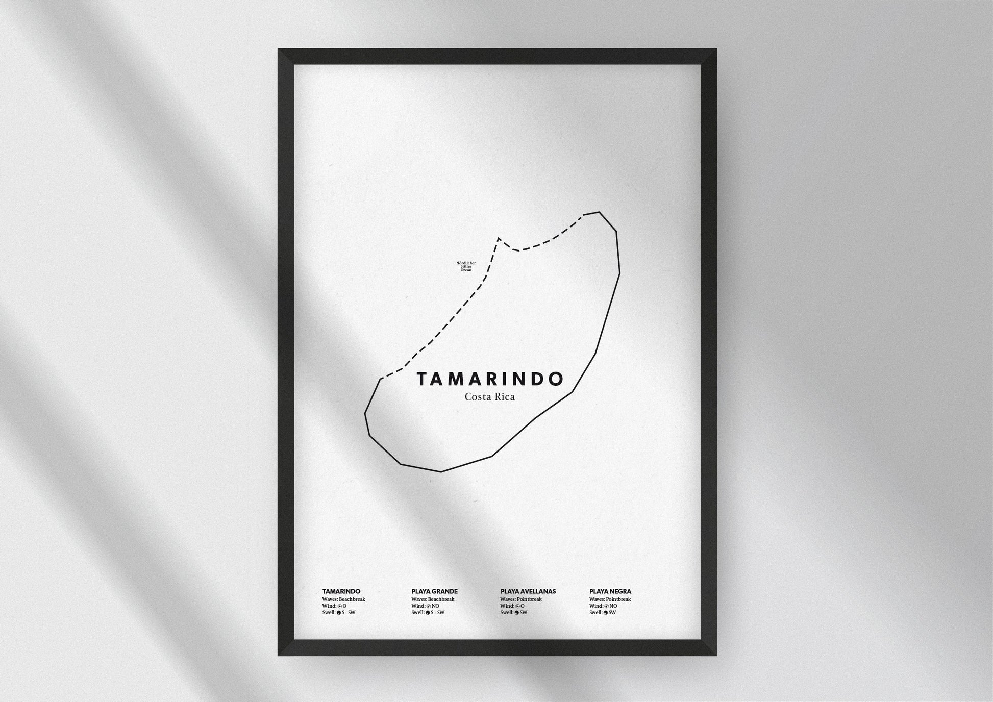 Minimalistische Illustration der Karte von Tamarindo in Costa Rica, mit Markierung der Küste sowie vier Surfhotspots der Region, als stilvoller Einrichtungsgegenstand für Zuhause.