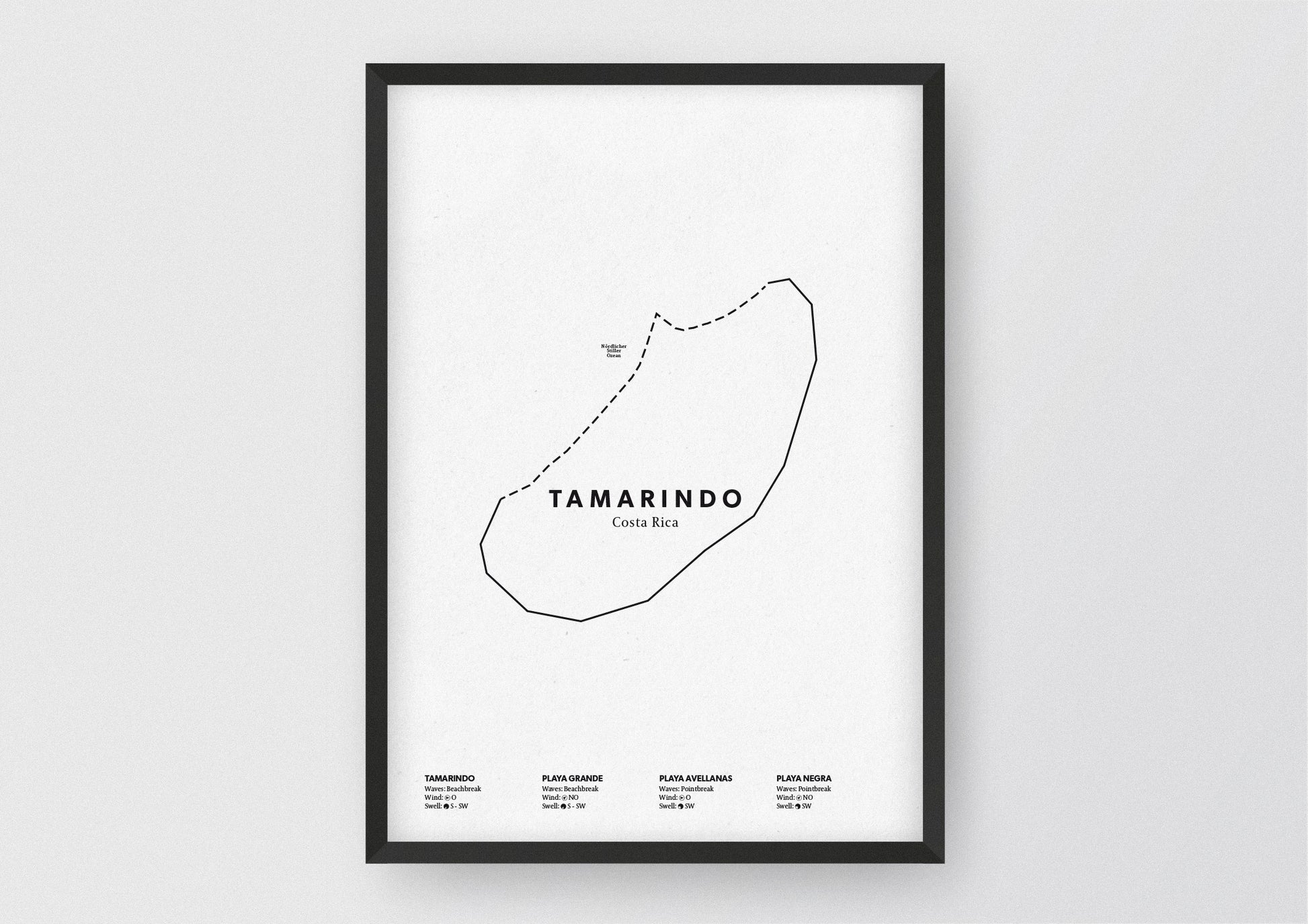 Minimalistische Illustration der Karte von Tamarindo in Costa Rica, mit Markierung der Küste sowie vier Surfhotspots der Region, als stilvoller Einrichtungsgegenstand für Zuhause.