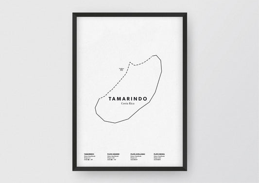 Minimalistische Illustration der Karte von Tamarindo in Costa Rica, mit Markierung der Küste sowie vier Surfhotspots der Region, als stilvoller Einrichtungsgegenstand für Zuhause.