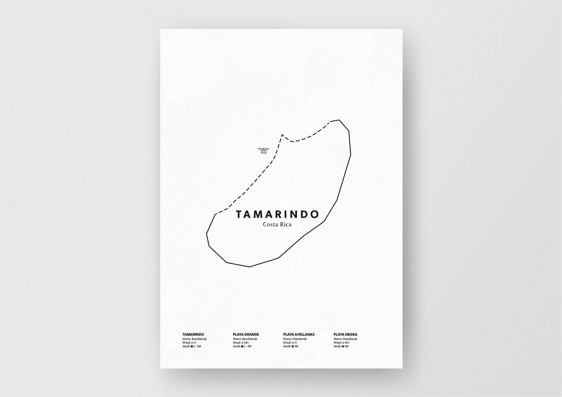 Minimalistische Illustration der Karte von Tamarindo in Costa Rica, mit Markierung der Küste sowie vier Surfhotspots der Region, als stilvoller Einrichtungsgegenstand für Zuhause.