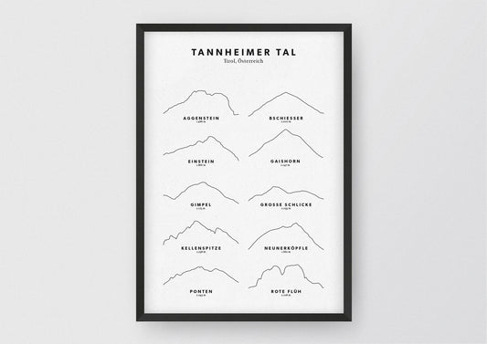 Minimalistische Illustration des Tannheimer Tals in Tirol, als stilvoller Einrichtungsgegenstand für Zuhause.