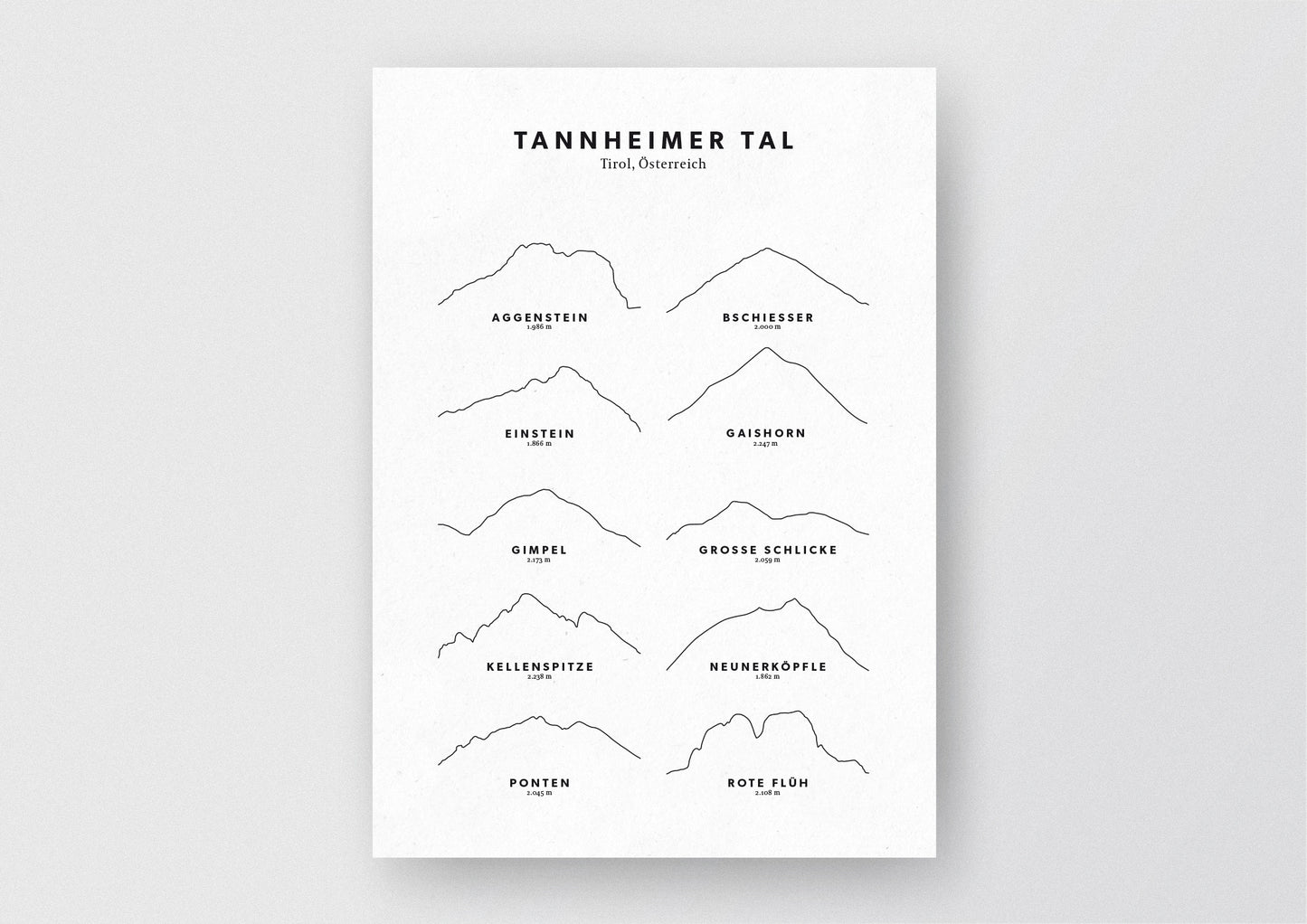 Minimalistische Illustration des Tannheimer Tals in Tirol, als stilvoller Einrichtungsgegenstand für Zuhause.